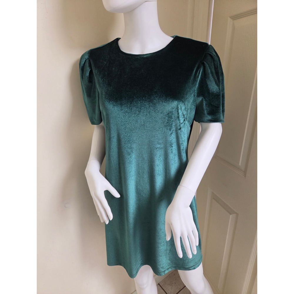 WAYF Emerald Green Velvet Puff Sleeve Mini Shift Dress Green Medium 90436WTJ-G15 - Picture 5 of 13